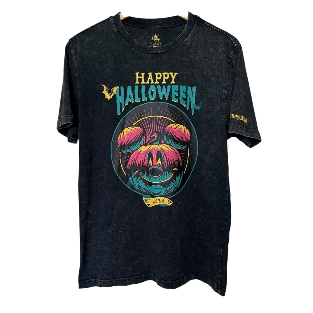 Disney Parks 2023 Halloween Neon Mickey Pumpkin Shirt Black Acid Wash Size S